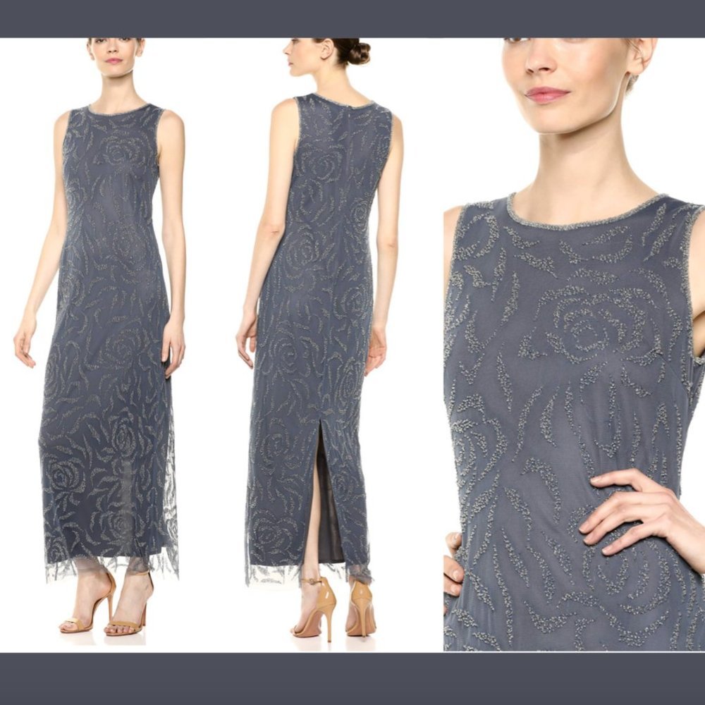 NEW Pisarro Nights‎ Beaded Rose Motif Evening Sleeveless Dress Slate [ SZ 8 ]
